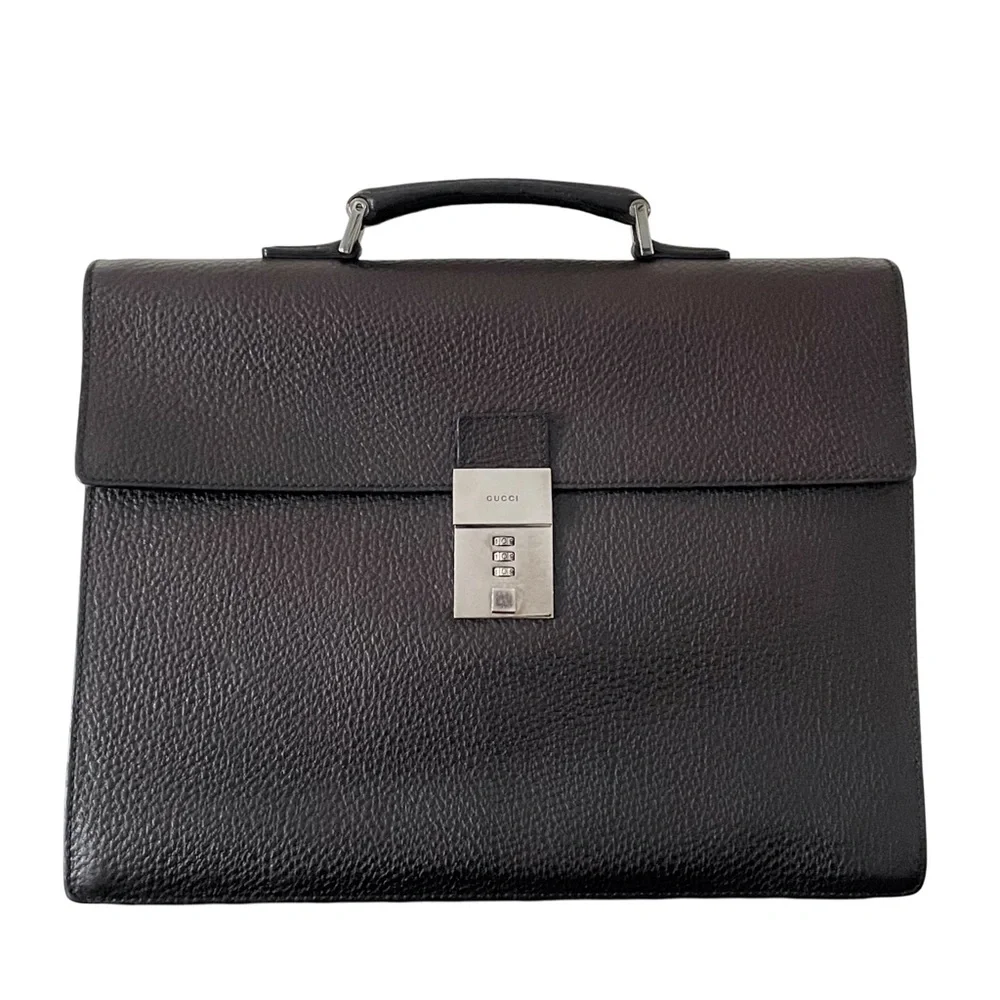 Gucci dark brown black pebbled leather unisex briefcase laptop bag